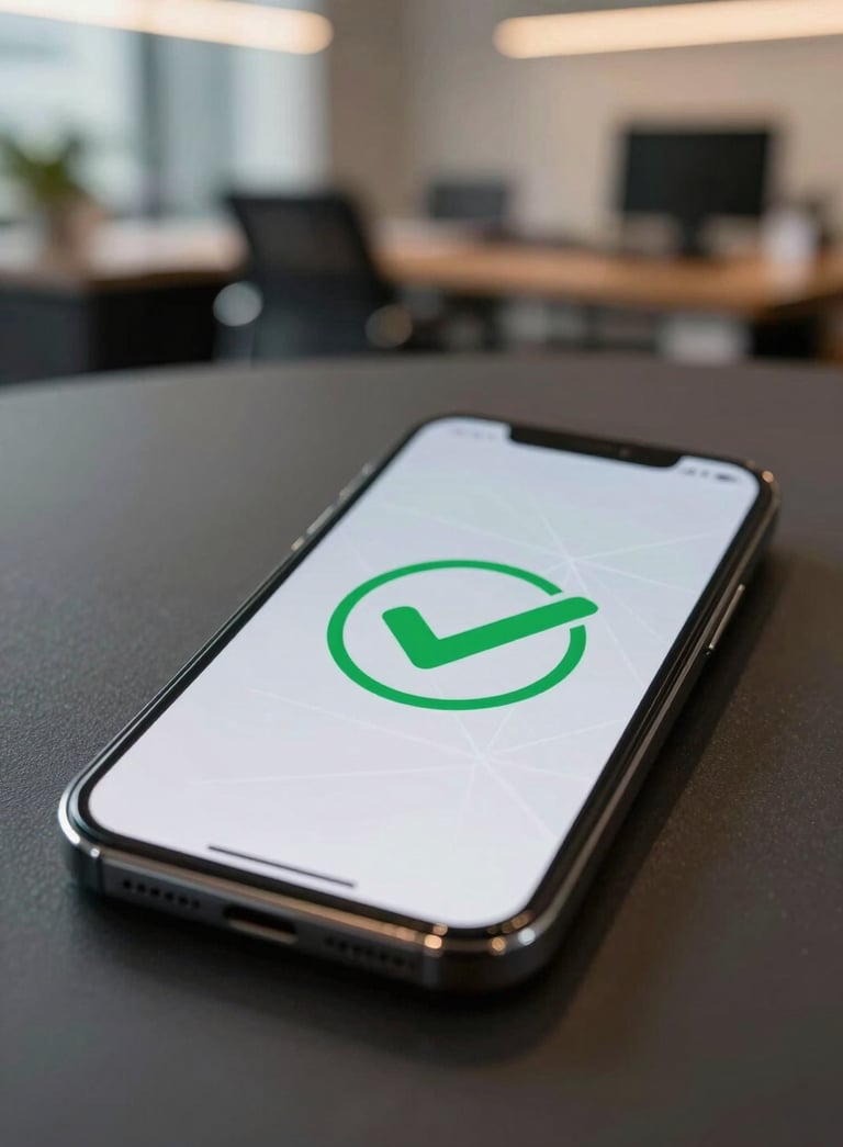 A professional macro shot of a sleek smartphone resting on a charcoal colored table. The phone screen shows a green checkmark icon inside a subtle geometric pattern, symbolizing a successful deployment. The background is a blurred office in São Paulo with warm lighting.