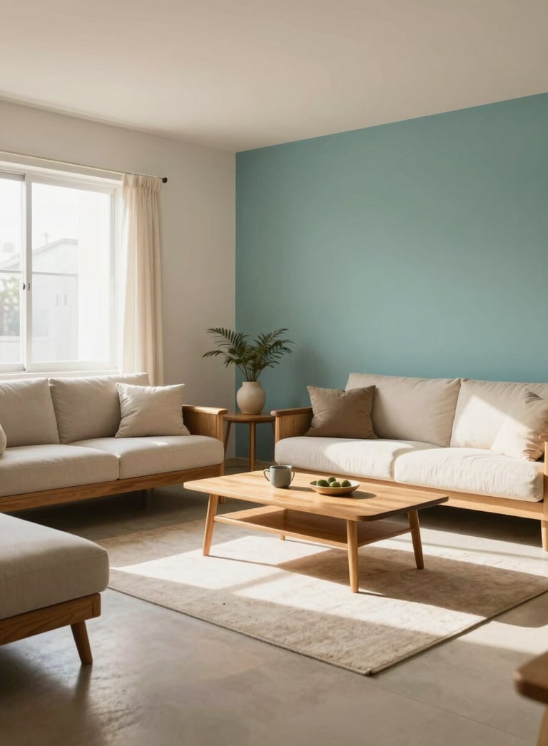 A wide shot of a serene, spotless living room in a Brazilian apartment, minimalist wooden furniture, soft afternoon sun, warm and inviting atmosphere, tones of off-white and medium teal.