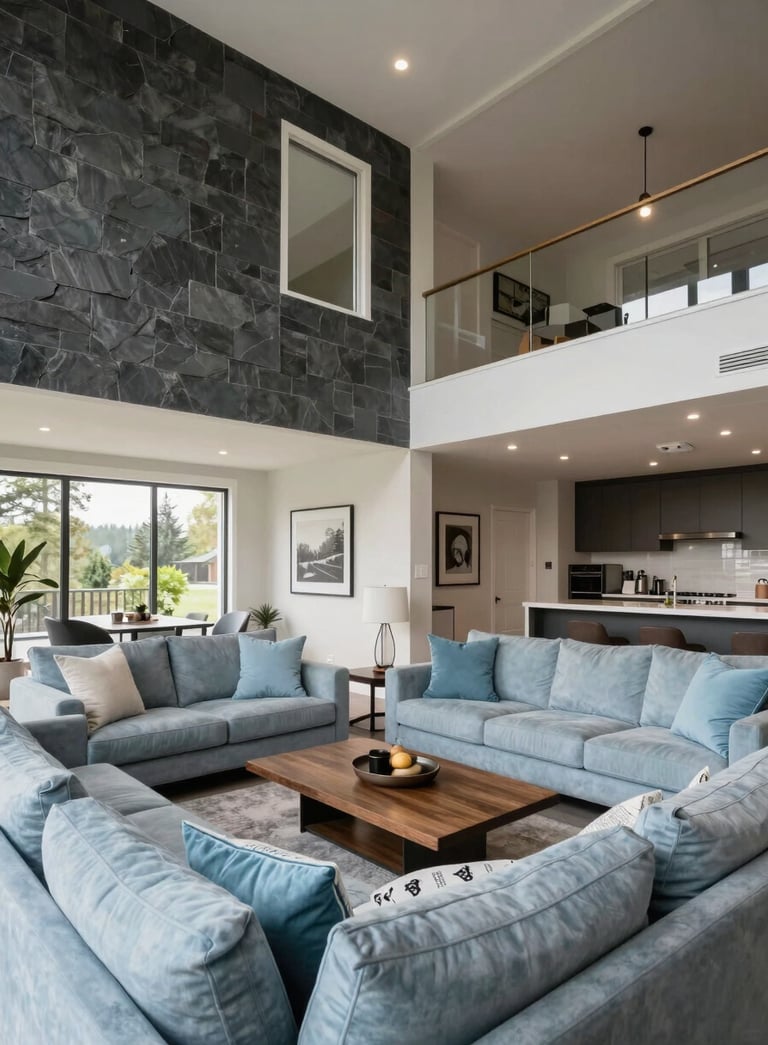 A wide-angle view of a beautifully renovated living room in a North American / Canadian (with South Asian cultural influence) home in Surrey. The room features high ceilings, dark slate grey accents, and soft sky blue cushions on a modern sofa.