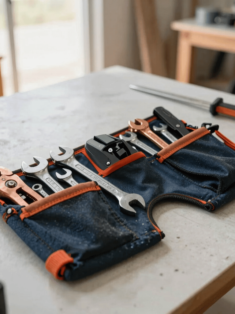 A professional tool belt with wrenches and copper pipe cutters laid out on a clean workbench, soft natural morning light, South American / Brazilian construction site, professional and modern atmosphere.