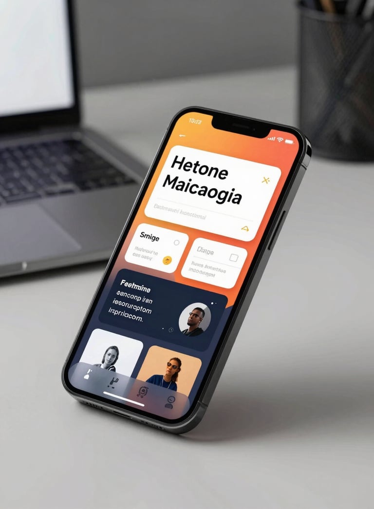 A high-end smartphone showcasing a vibrant mobile app interface with clean typography, placed on a minimalist desk in a North American tech studio.
