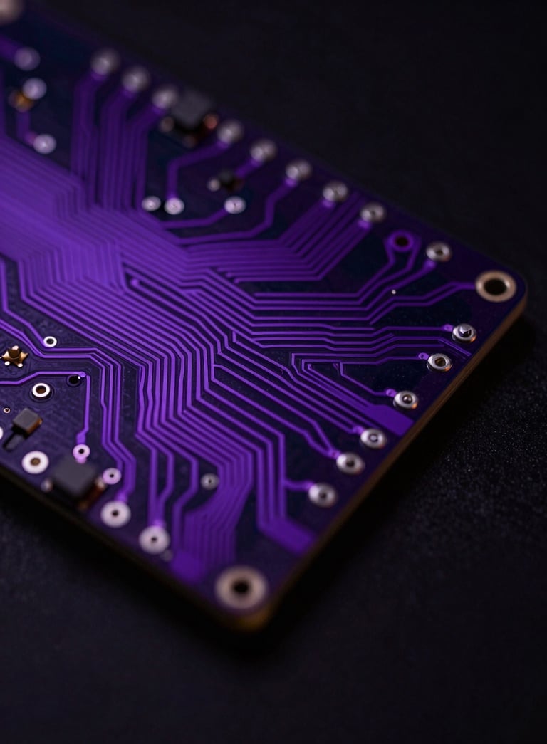 Close-up of a modern circuit board with glowing traces in vibrant purple, with a sleek minimalist aesthetic against a deep black background.