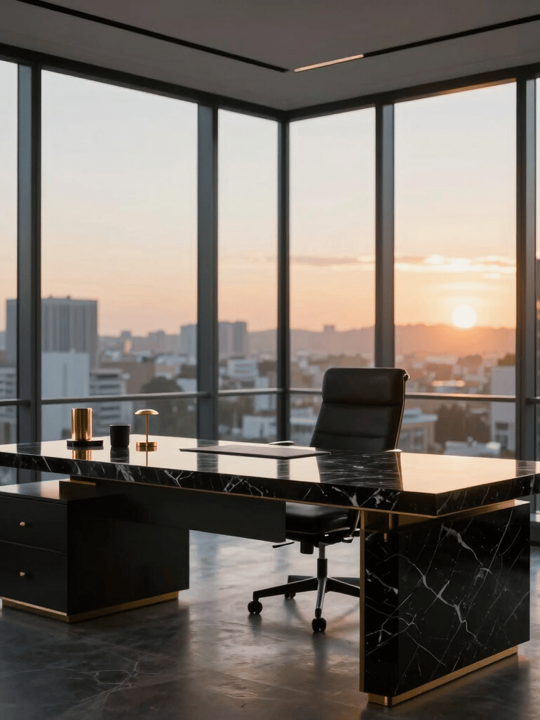 A high-end, contemporary workspace in a South African business district with a black marble desk, gold desk accessories, and floor-to-ceiling windows showing a blurred urban sunset.