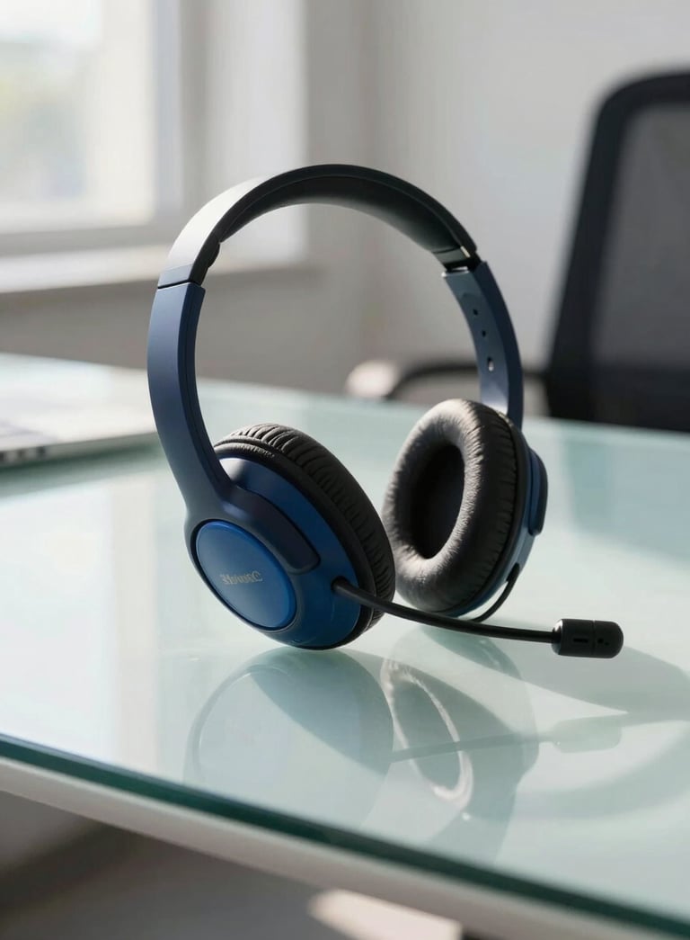 Close-up of a high-quality professional headset resting on a sleek glass desk in a bright South American office, soft sunlight from a window illuminating the deep navy blue and sky blue office accents.