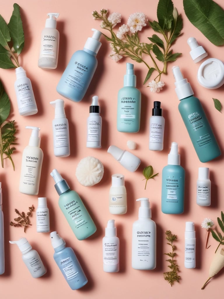 A close-up of popular skincare products from brands like Cosrx and The Ordinary arranged on a soft pastel background.