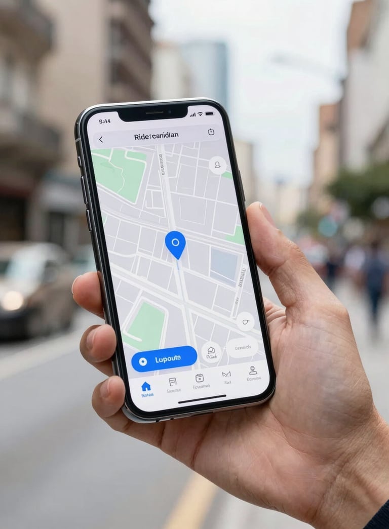 Close-up of a hand holding a modern smartphone in a bright urban street in a Latinoamericano / Hispano city. The screen displays a ride-sharing app map with a blue marker. Daylight, clean professional photography style, steel blue and light blue tones.