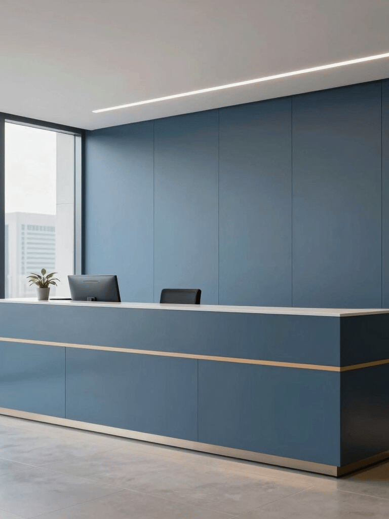 A high-end, clean corporate office reception area in a South American business district, with minimalist furniture, slate blue walls, and soft lighting, conveying professionalism and reliability.