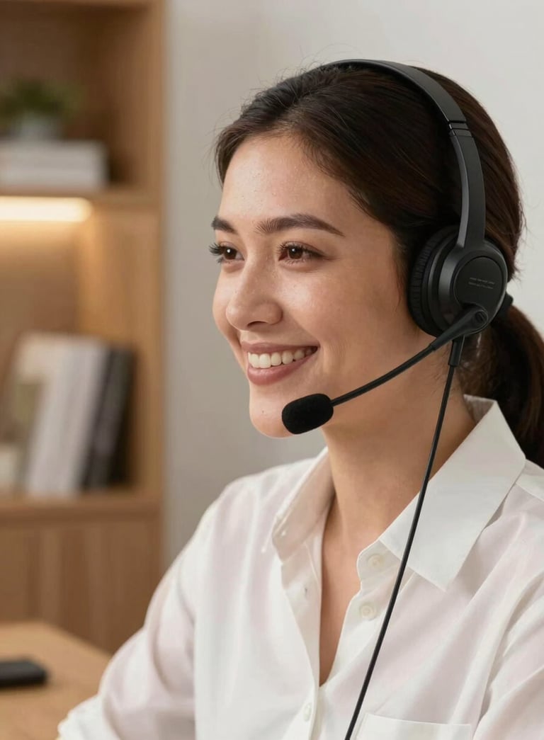 A close-up photograph of a professional South American tele-consultant smiling warmly while wearing a high-tech headset. The background is a clean, modern home office with wooden textures and tan accents. The lighting is bright and professional, conveying trust.
