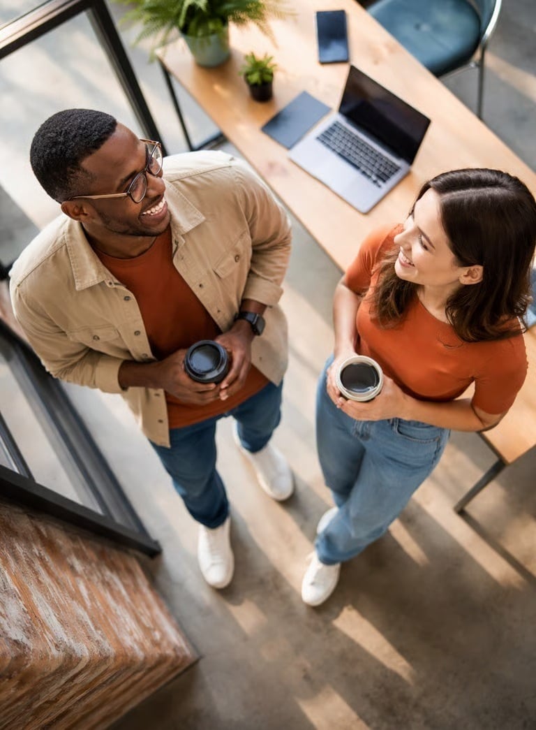 Two people smiling in working environment, with hot drinks, seen from above