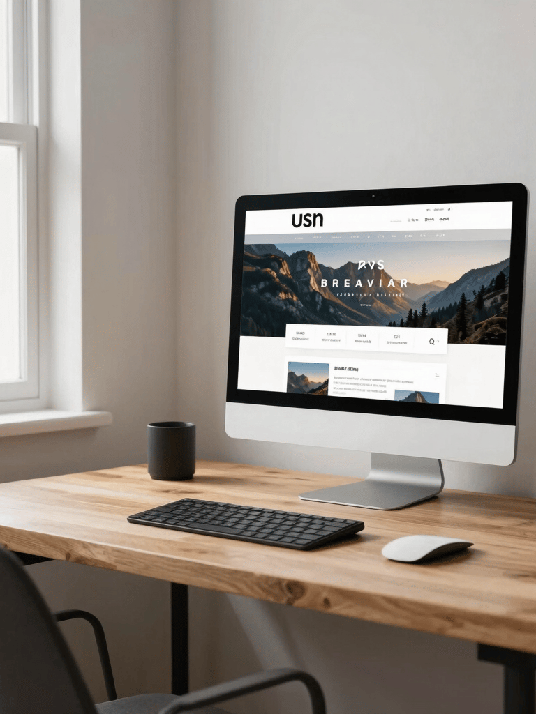A professional and clean photograph of a bright, minimalist home office in the US, featuring a wooden desk, a high-end monitor showing a website layout, and soft natural light from a window.
