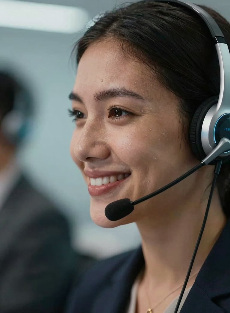 Close up of a professional South American customer service representative smiling while wearing a modern silver headset, soft lighting, tech-focused atmosphere with ice blue accents.