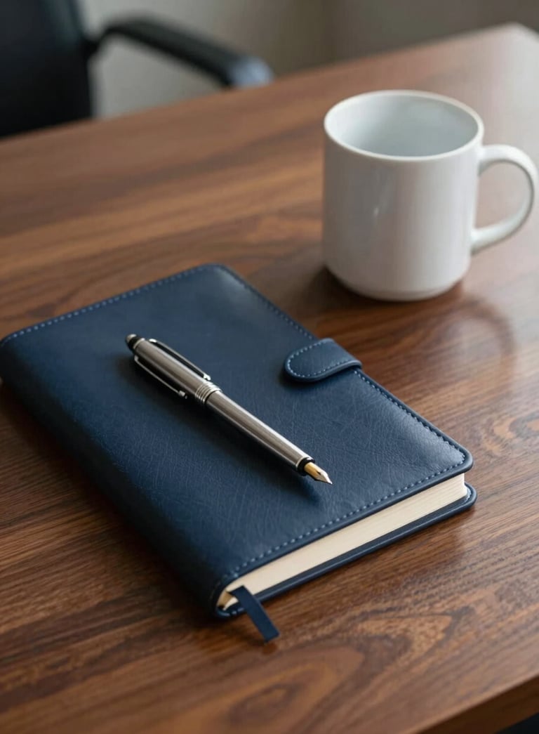 A high-angle photograph of a polished mahogany desk in a corporate office with a silver fountain pen and a deep navy leather notebook. The lighting is bright and professional, highlighting a pale mist white ceramic mug.