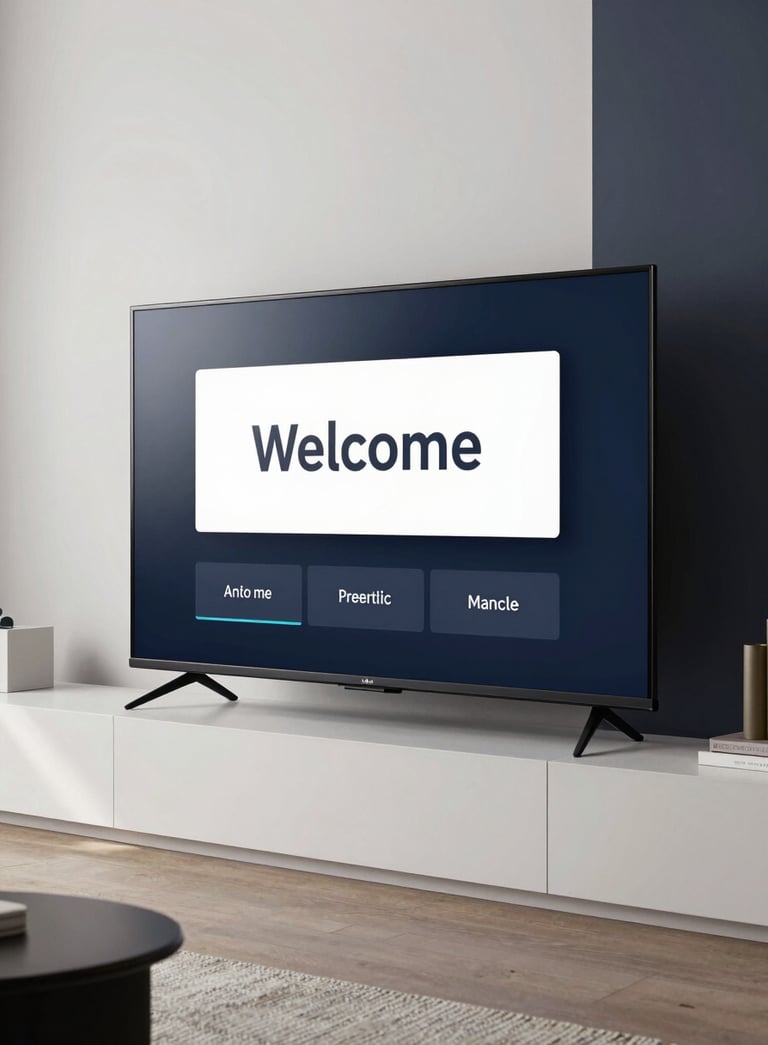 A sleek modern television set mounted in a professional North American living room, displaying a clean Welcome setup message, surrounded by Soft White walls and Dark Navy accents, bright and airy professional lighting.