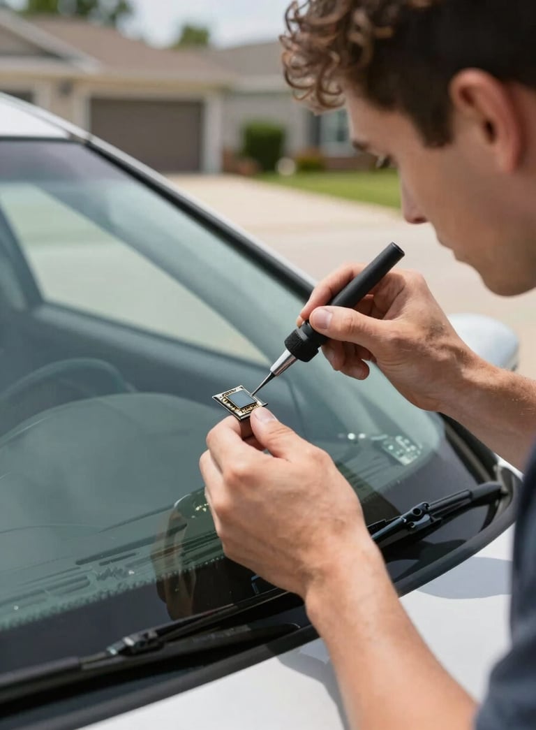 A close-up photograph of a professional technician repairing a small chip in a car windshield using specialized tools, bright natural daylight, North American suburban driveway setting, clean and modern aesthetic.