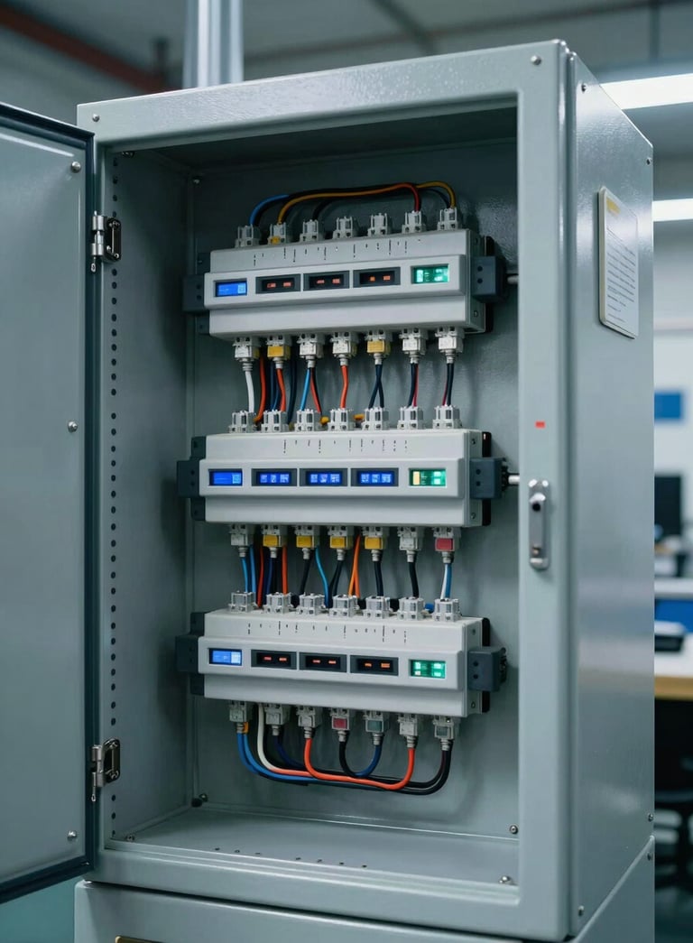 A sophisticated electrical control panel with organized wiring and digital interfaces inside a North American / US technical workshop. The environment is clean and professional, with muted blue tones and soft industrial lighting.