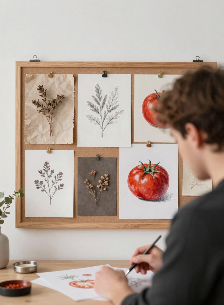 Behind-the-scenes photography of a creative workshop. A mood board with textures of artisanal paper, dried herbs, and deep crimson tomato sketches. Scandinavian minimalist studio setting with soft wood accents (#4A3C32).
