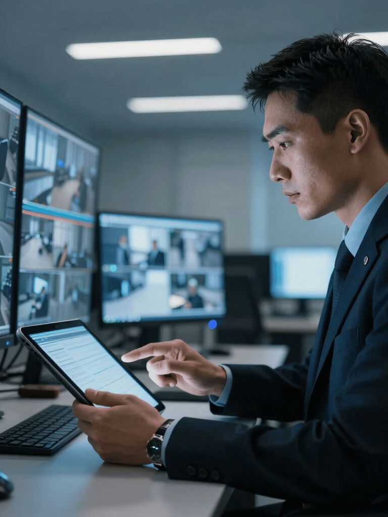A professional security expert in a modern North American office setting, checking high-definition surveillance feeds on a sleek tablet. The lighting is low and cinematic with blue accents, reflecting a secure and advanced environment.
