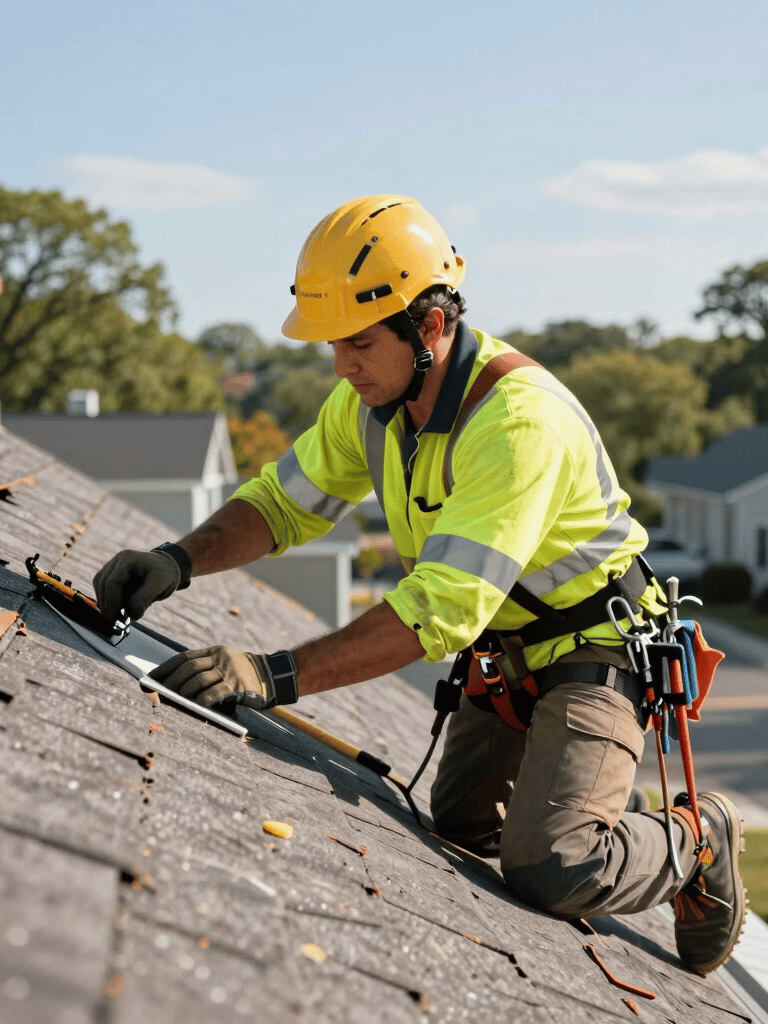 A professional roofer in North American / US safety gear inspecting a damaged residential roof in New York. Clear daylight, focusing on the quality and trust of the worker.
