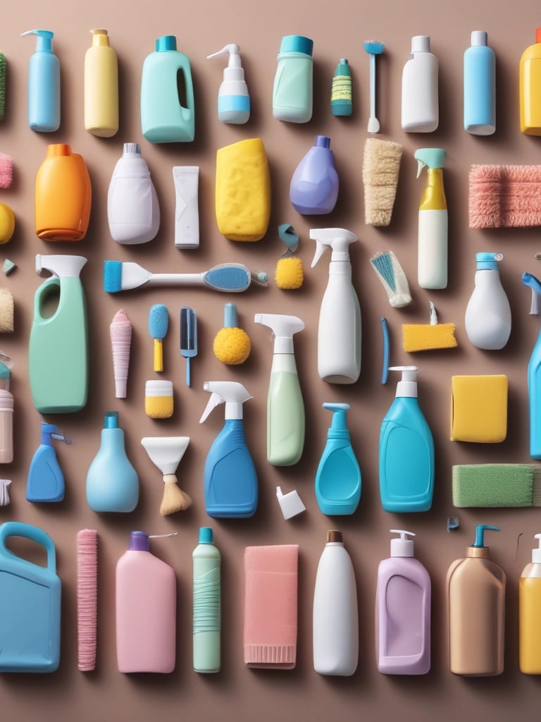 Close-up of eco-friendly cleaning products arranged neatly on a wooden shelf