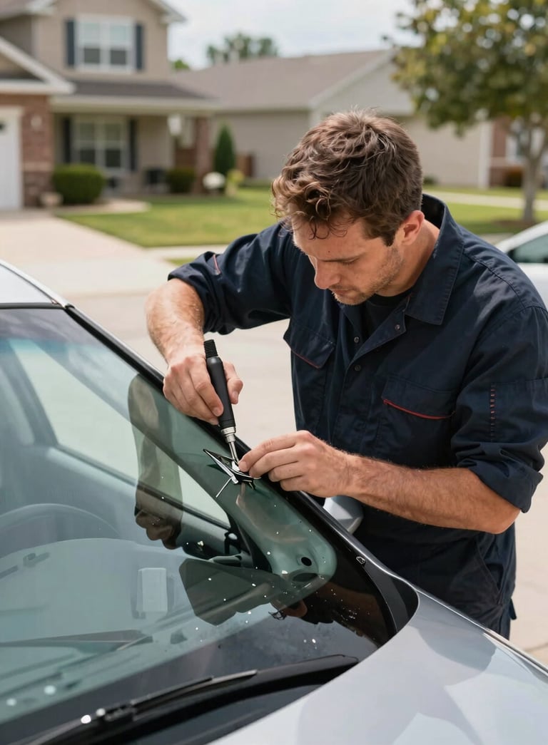 A professional technician in a clean dark navy uniform using specialized tools to repair a chip in a car windshield, bright daylight setting in a North American suburban driveway.