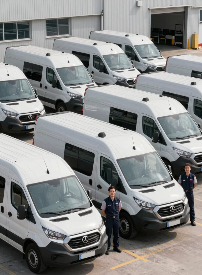 A professional wide shot of a fleet of white and Silver Grey delivery vans parked in a modern logistics terminal. Drivers in uniform are standing next to them, smiling and looking reliable. Crisp daylight.