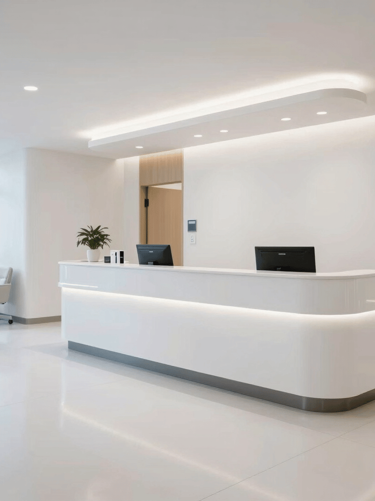 A pristine and modern medical reception area in a Manhattan clinic, featuring high-gloss floors, bright white walls, and professional lighting, North American / US healthcare setting.