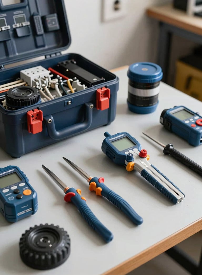 A professional electrician's toolkit and specialized testing equipment neatly arranged on a clean work surface in a Southern European / Spanish workshop. The color palette features Dark Navy and Steel Blue accents.