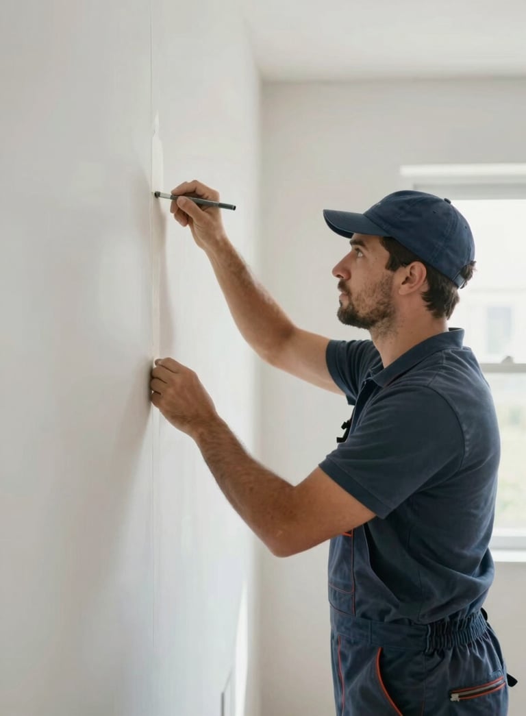 A professional drywaller expertly applying joint compound to a seam in a modern residential interior. The lighting is bright and clear, reflecting reliability and cleanliness. Subtle #2C3E50 brand colors are integrated into the worker's professional attire.