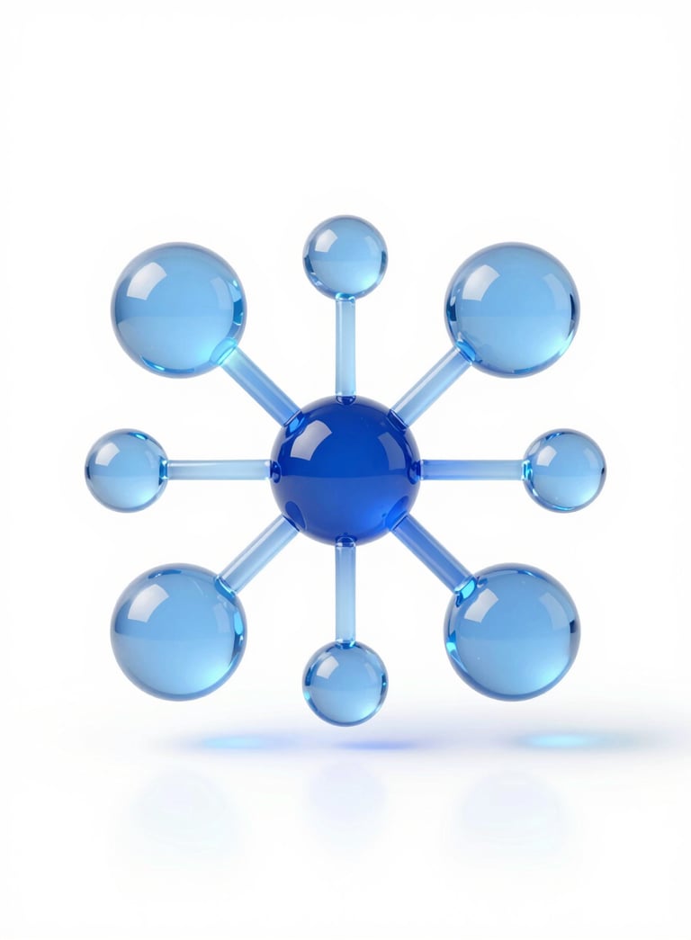 A minimalist technological icon representing interconnectedness and growth, rendered in a 3D glass style with subtle #5E9CD1 blue reflections against a clean white background.