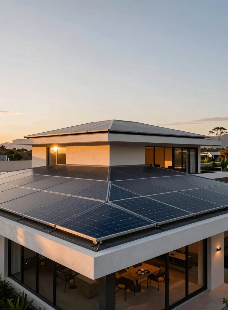Wide-angle exterior shot of a contemporary South American residence with sleek solar panels integrated into the roof, illuminated by warm sunset light, conveying luxury and reliability.