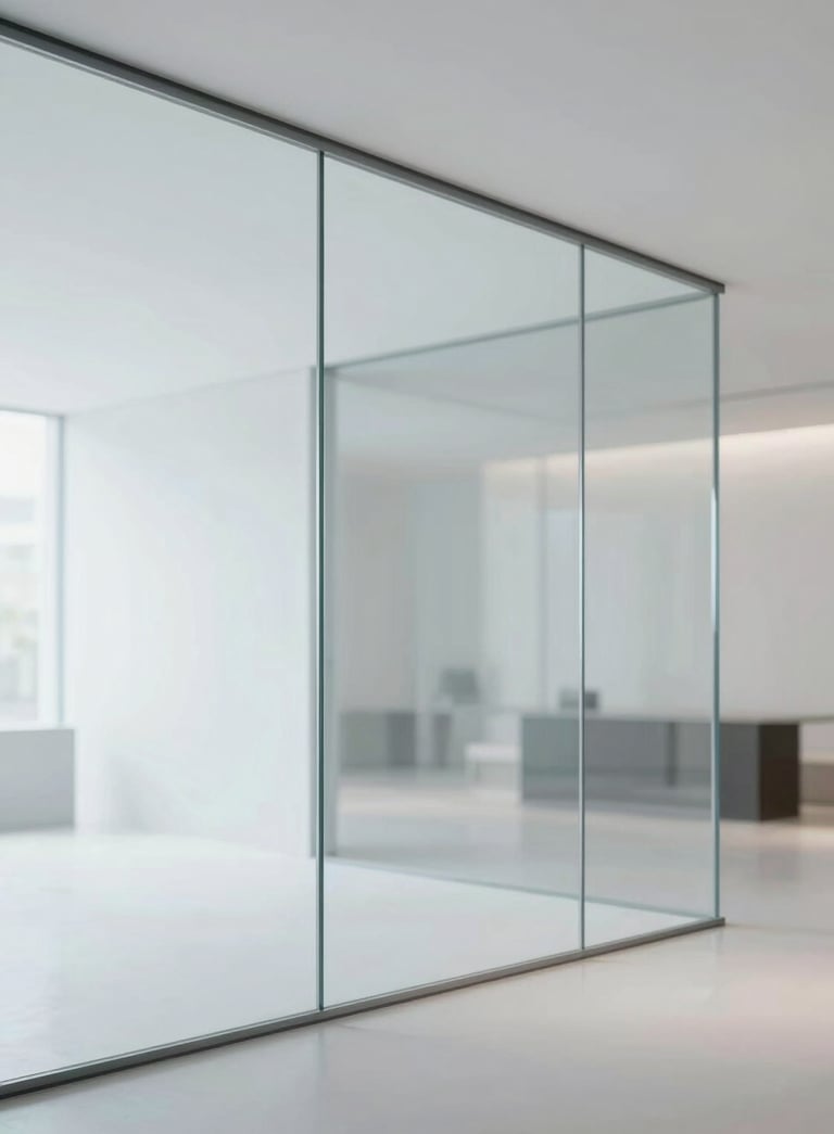 Modern minimalist interior featuring a large structural glass partition with subtle reflections. The composition is clean and airy, using tones of #F7F9FB and #5B6C7B to highlight the transparency and quality of the installation.