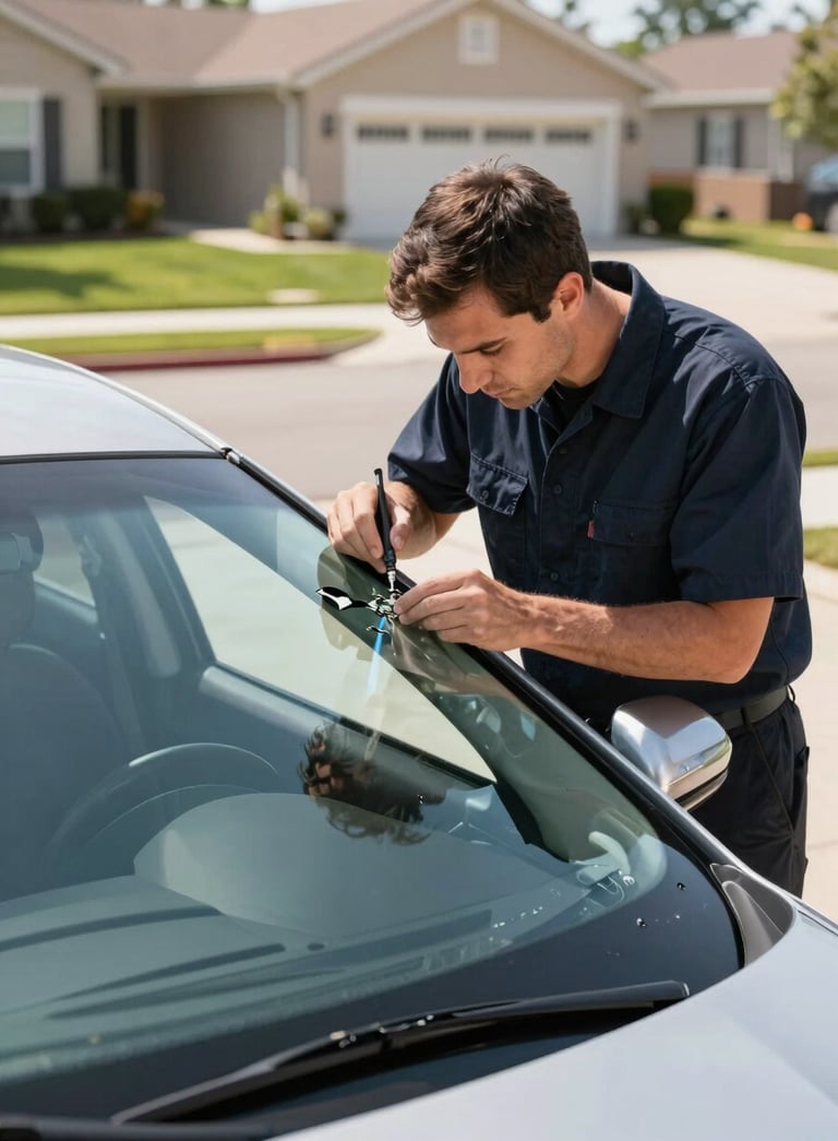 A sharp, professional photography shot of a technician in a clean dark navy uniform expertly repairing a small chip in a car windshield. The car is parked in a bright, sunny North American suburban driveway. The lighting is crisp, highlighting the perfectly clear glass. The mood is modern and efficient.