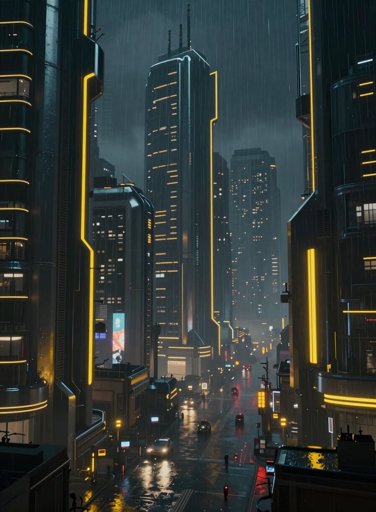Cinematic wide shot of a dystopian cityscape at night, dark chrome structures, rain falling, with sharp yellow #FFFF00 neon highlights, ultra-modern AAA game aesthetic.