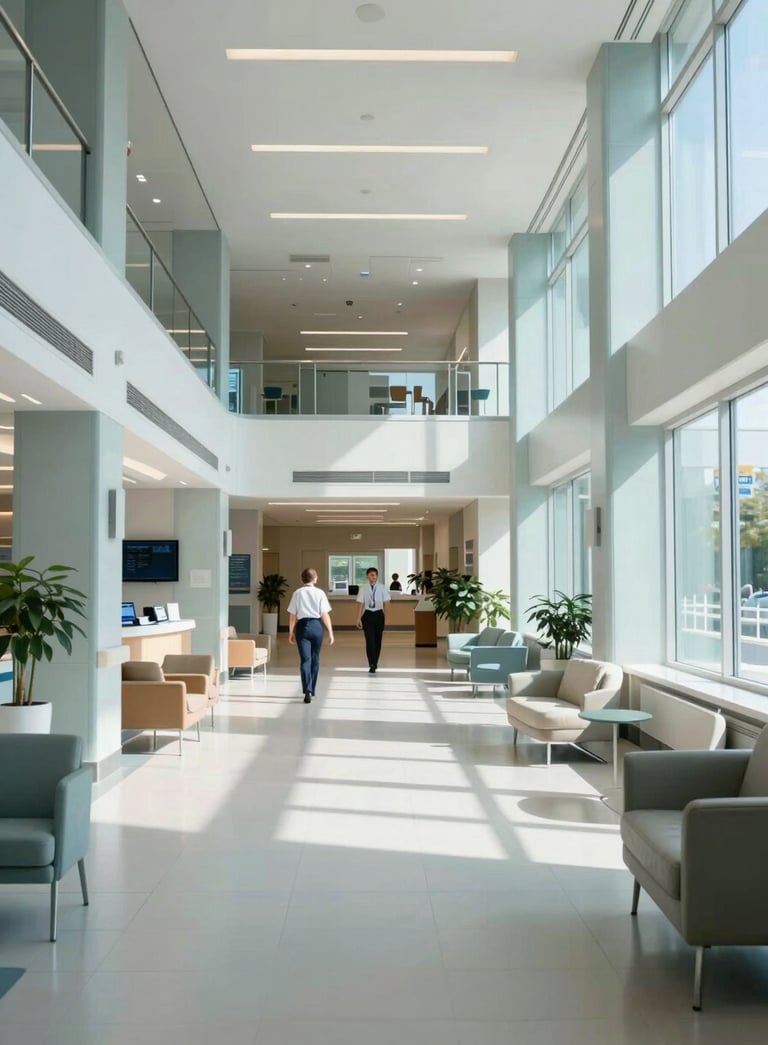 A bright and welcoming North American hospital lobby with modern architectural lines, featuring high ceilings and professional staff in the distance, bathed in natural sunlight and soft Pale Blue tones.
