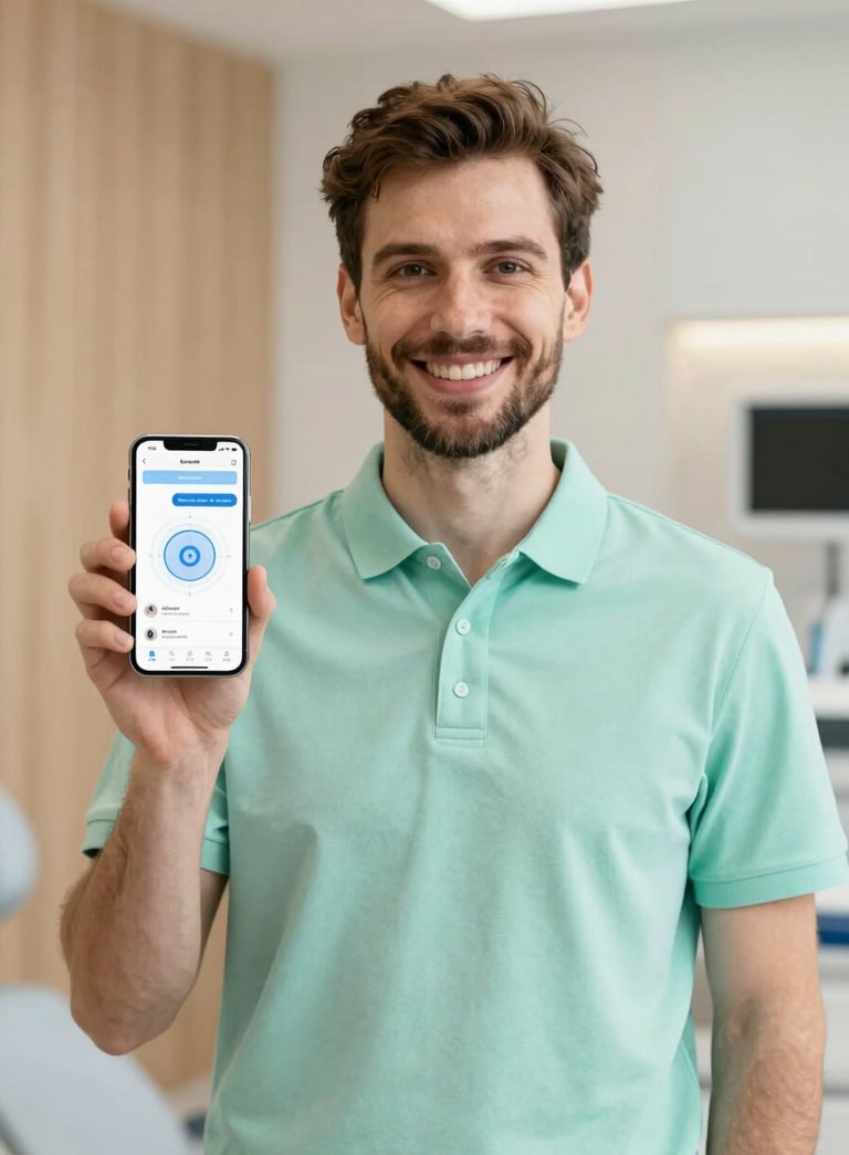 A professional Central European / German dentist in a light green polo shirt, smiling warmly, holding a sleek white smartphone showing a clear health interface. Bright airy background with soft wooden textures, illustrative and modern photography style.