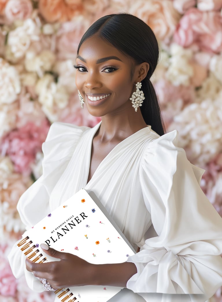 A bride-to-be holding My Wedding Goals Planner smiling