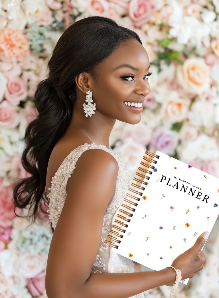 a woman in a white dress holding a planner book
