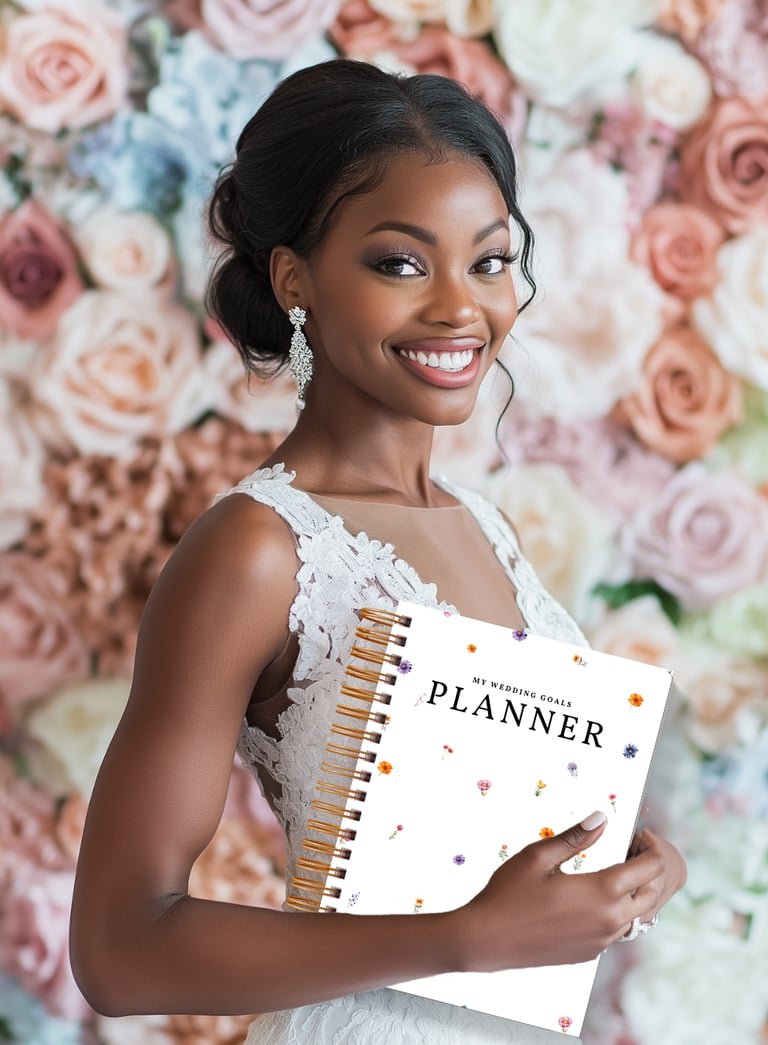 a woman in a white dress holding a planner book