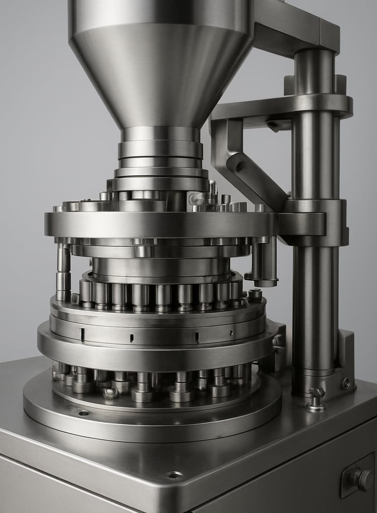 A detailed product shot of a high-speed pharmaceutical rotary tablet press, showcasing precision engineering, stainless steel components, and a clean industrial aesthetic, set against a light grey background.