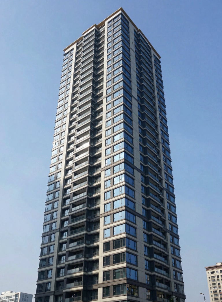 Architectural photography of a modern high-rise luxury condominium reflecting the blue sky in a North American downtown district, sophisticated navy and light gray facade.