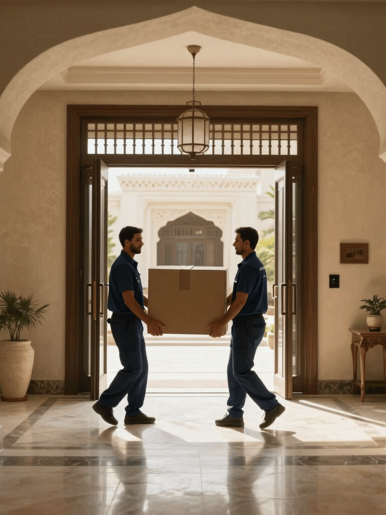 A wide-angle interior shot of a sunlit, modern Middle Eastern / Gulf villa entrance hall. Professional movers in neat medium dark blue uniforms are carefully carrying a high-quality box. The lighting is warm and natural.