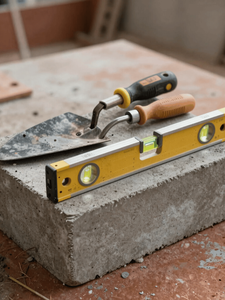 A professional set of masonry tools including a trowel and level, resting on a sturdy concrete block at a South American job site, soft morning light, terra cotta and cool gray tones.