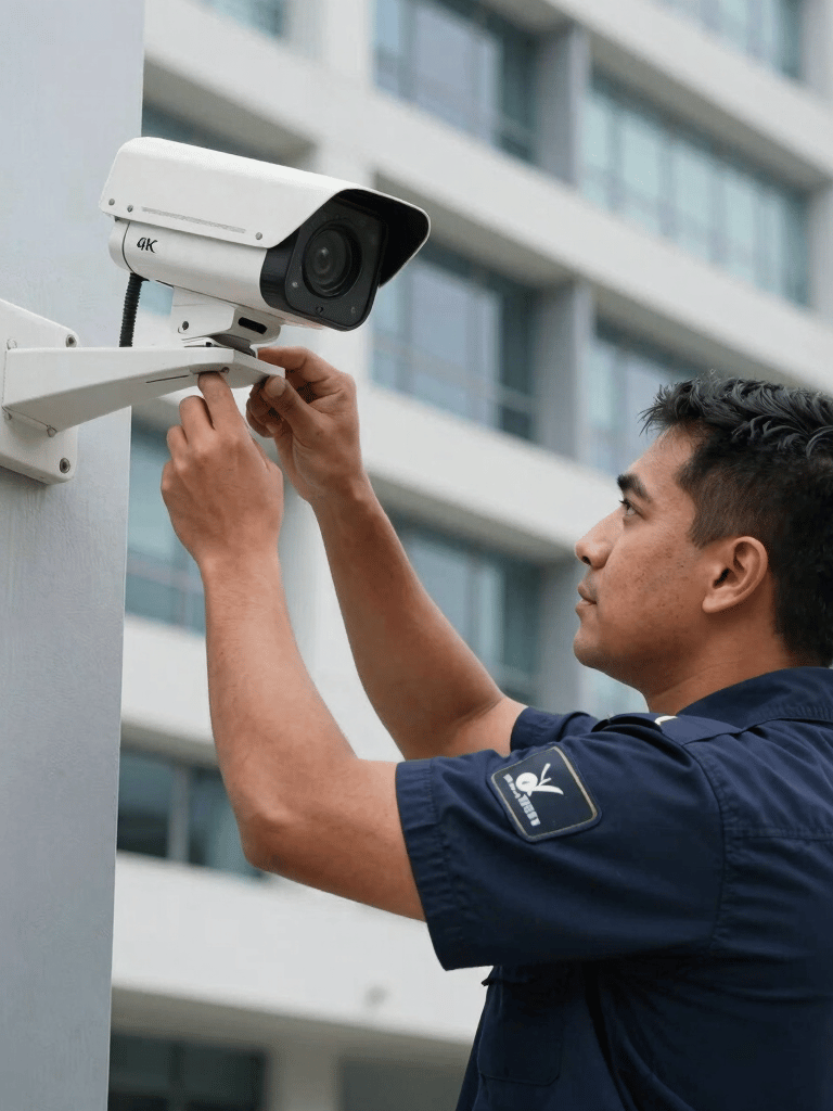 A professional security technician in a dark blue uniform installing a high-tech 4K surveillance camera on a modern corporate building in Puerto Morelos.
