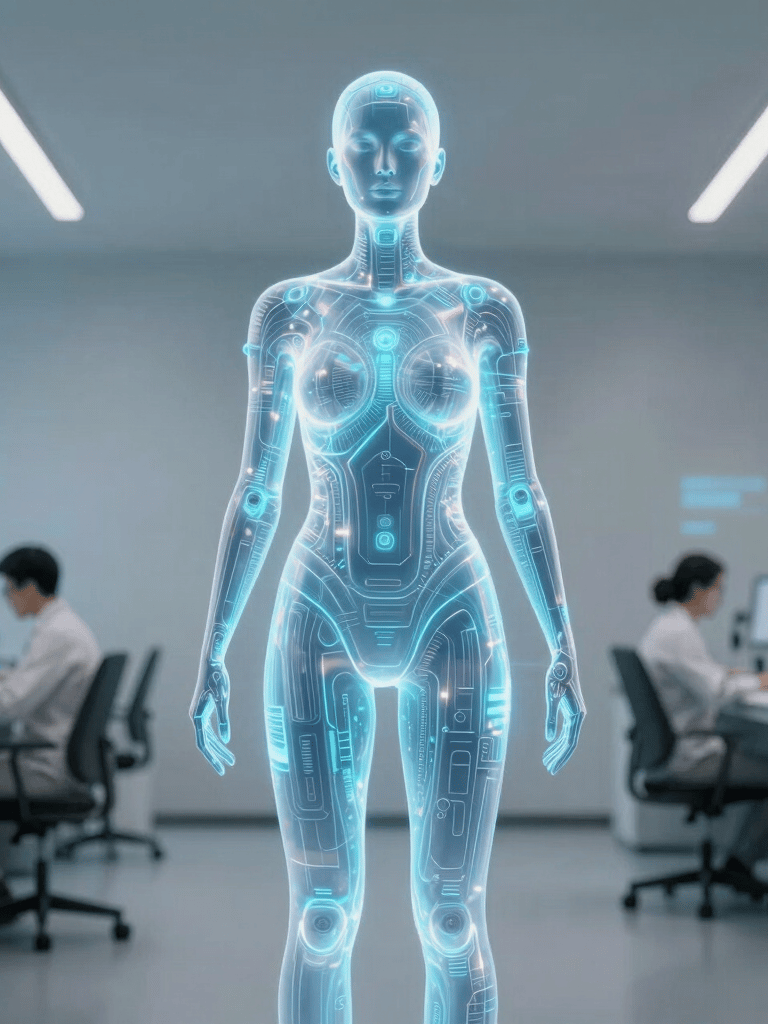 A sophisticated holographic human silhouette glowing with seafoam and steel blue light, symbolizing a digital twin, set in a minimalist North American health-tech research space with soft, professional lighting.