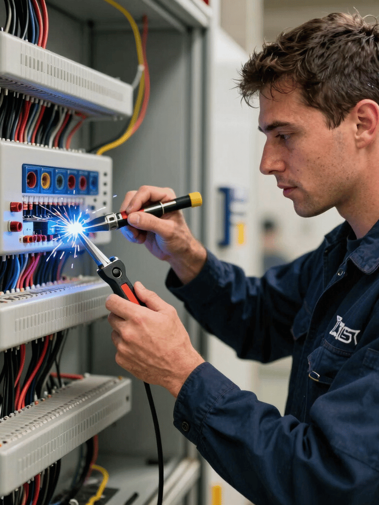 A high-action photograph of a North American / US electrician in a navy uniform working on a complex wiring system with tools, electric blue sparks subtly glowing in the background, professional and technical atmosphere.