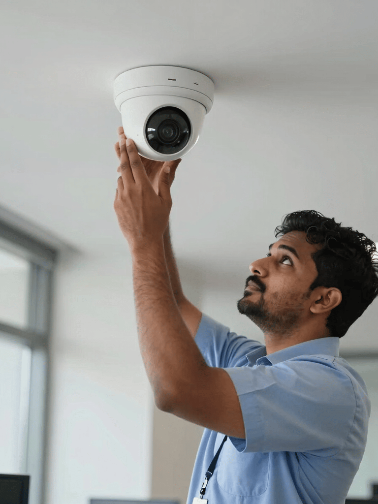 A professional South Asian technician in a smart uniform installing a high-tech white IP dome camera on the ceiling of a modern office building in Kerala. Bright natural light, professional atmosphere.