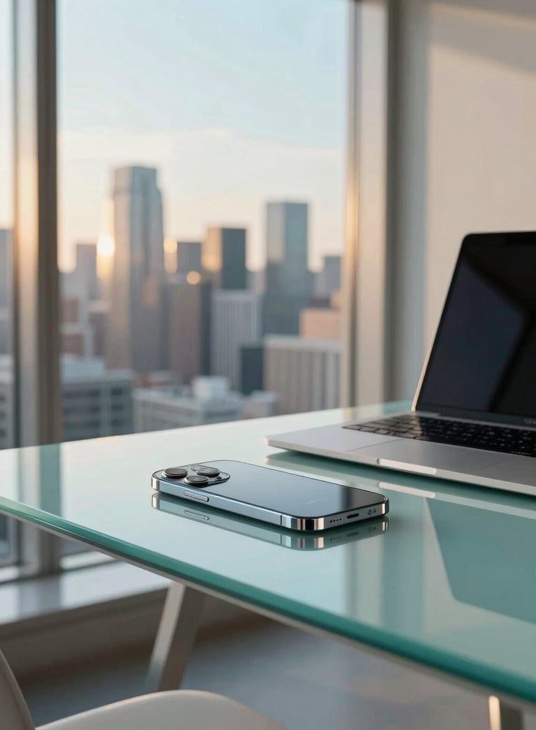 A high-end, contemporary workspace in a North American / US city with a view of a skyline. A sleek glass table holds a modern smartphone and laptop. The scene is lit with a warm afternoon glow, featuring pale aqua and sky blue highlights in the interior decor.