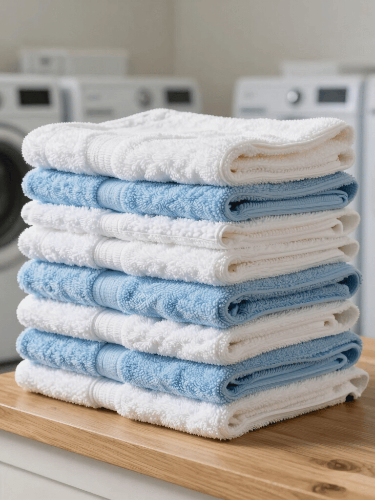 A tall stack of neatly folded white and light blue towels sitting on a clean wooden surface, North American / US residential laundry area, bright and airy lighting.