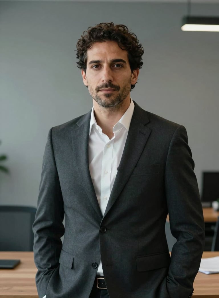 A professional portrait of a person in business attire in a modern Spanish / Iberian office setting, neutral slate gray background, soft lighting.