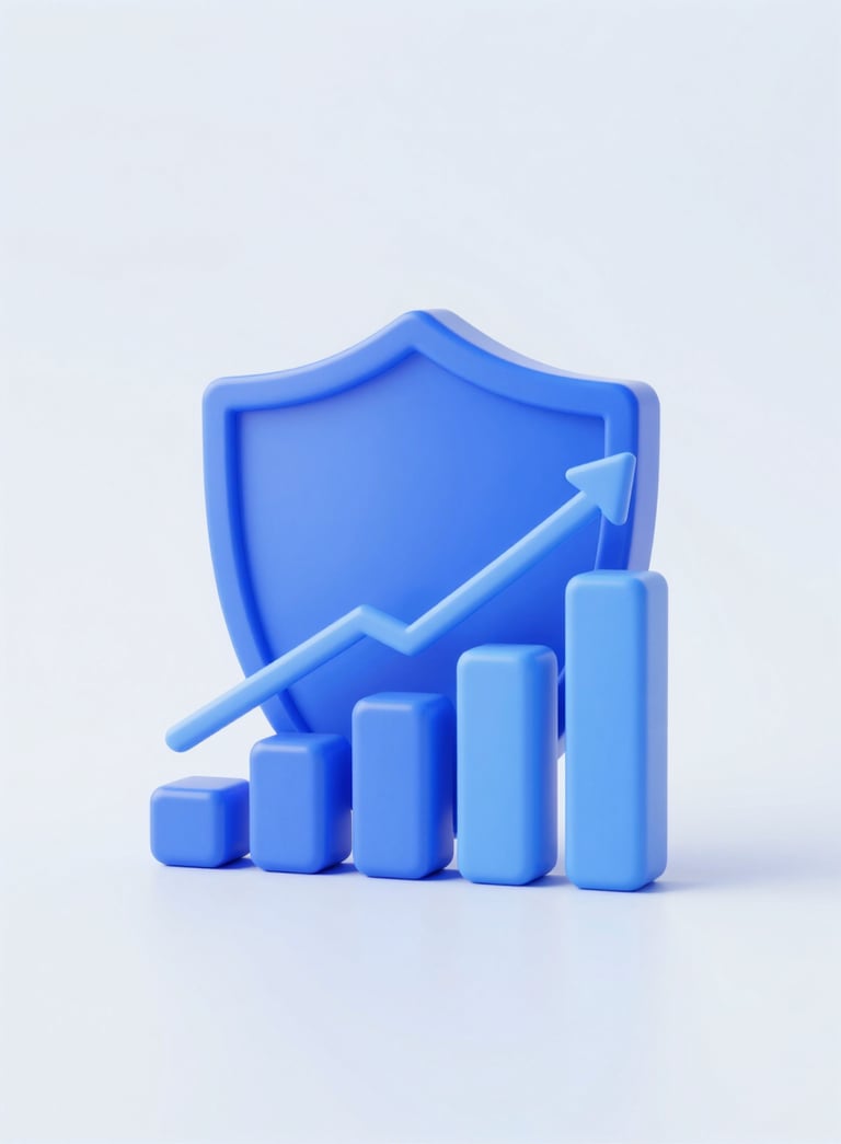 A clean, minimalist 3D rendering of a secure financial shield icon next to a rising bar chart, incorporating brand colors #0A2A44 and #2E6DA8 on a soft #E8F4FB background. The style is modern, professional, and suggests growth and safety.